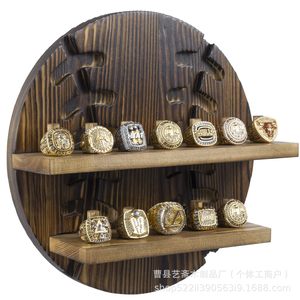 Retro Wooden <b>Wall</b> <b>Mounted</b> Champion Ring Rack 2 Tier Circular Display <b>Shelf</b> For Home Decor Baseball Theme - Product Image 2