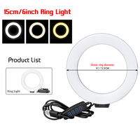Lampu Video LED 6 Inci 3300-5600K untuk Fotografi, Dapat Diredupkan, Pengisian Daya USB, Lampu Cincin Selfie