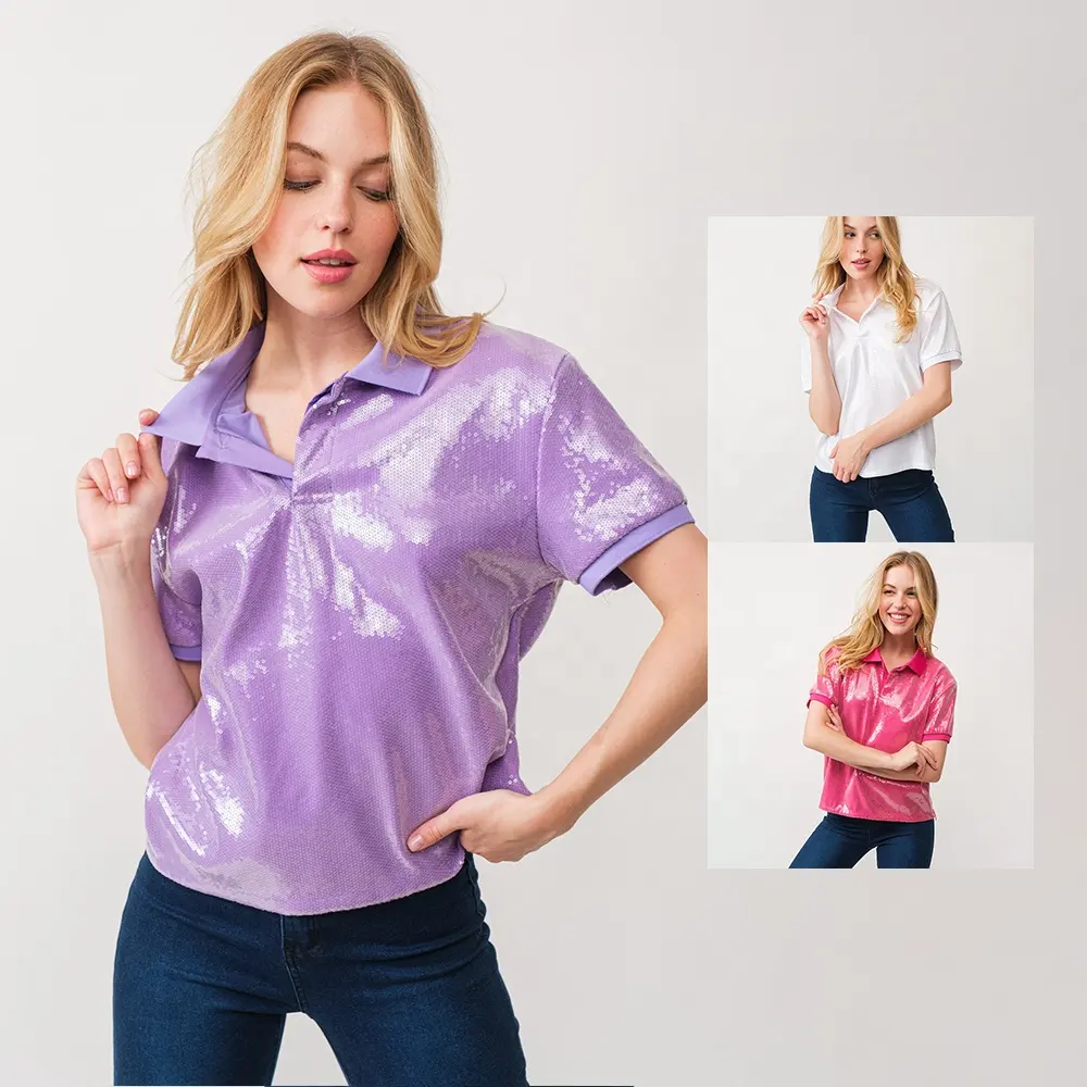 숙녀를위한 여름 패션 사무복 우아한 반팔 반짝이 장식 조각 폴로 셔츠 하이 퀄리티 티셔츠 여성 2024