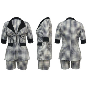 Vente chaude été costume ensemble pour femmes rose <span class=keywords><strong>pied</strong></span> <span class=keywords><strong>de</strong></span> <span class=keywords><strong>poule</strong></span> costume manches courtes Blazer avec costume Shorts 2 pièces tenues - Product Image 6