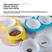 Bol double en céramique pour chat, épaissi, résistant aux chocs, avec tapis antidérapant, bol pour nourriture et eau, accessoires pour animaux de compagnie