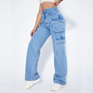 <span class=keywords><strong>Pantaloni</strong></span> Cargo a vita alta da donna all'ingrosso Cool Girl Denim <span class=keywords><strong>con</strong></span> <span class=keywords><strong>tasche</strong></span> Vintage High Street gamba larga Jeans larghi in Denim <span class=keywords><strong>pantaloni</strong></span> da donna - Product Image 4