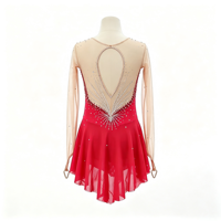 Robe de patinage et de danse rouge pour enfants et adultes, col rond, manches longues en maille, motif en V avec strass, dos découpé, pour compétition et spectacle de patinage sur glace