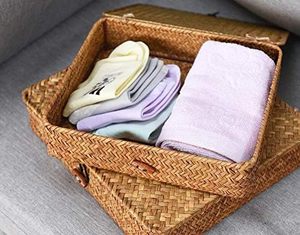 Bộ 2 giỏ wicker cho kệ tổ chức hình chữ nhật cỏ biển dệt hộp tự nhiên trang trí phẳng cỏ biển lưu trữ thùng có nắp - Product Image 4