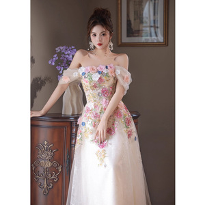 Off-Shoulder Floral Evening Dress Empire Waist A-Line Embroidered Organza For Banquet Hosts - Product Image 3