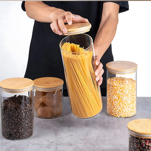 Barattoli Impilabili in Vetro Borosilicato Trasparente con Coperchi in Bambù Naturale - Set Ecologico per <span class=keywords><strong>Pasta</strong></span>, Cereali, Lenticchie - Product Image 5