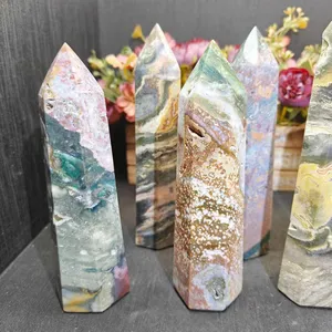 High Quality Hand Carved Wholesale Natural Crystal Ocean Jasper Big Point Crystal Tower For Home Decoration