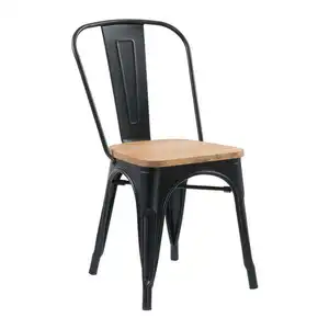 Cheap Steel Iron Industrial Restaurant Outdoor Stackable Metal Frame Wooden Seat Dining Chair