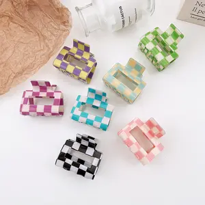 Yi YHJ Women's Hair Accessories Colorful Checkerboard Pattern Acrylic Square Simple Grab Clip Caw Clips Hair Claw