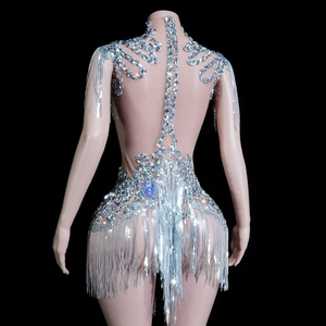 Body de malla plateado con flecos de diamantes de imitación estilo barroco para actuaciones de Drag Queen y espectáculos de ilusión - Product Image 3
