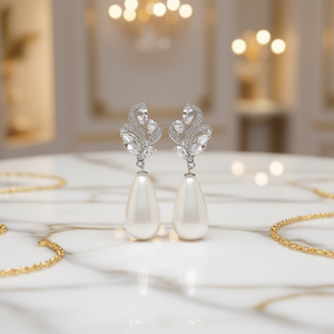 Boucles d'oreilles pendantes en or blanc E3084, perles de culture AAA, forme goutte d'eau, sertissage griffe, bijoux de mariage classiques pour femme - Product Image 2