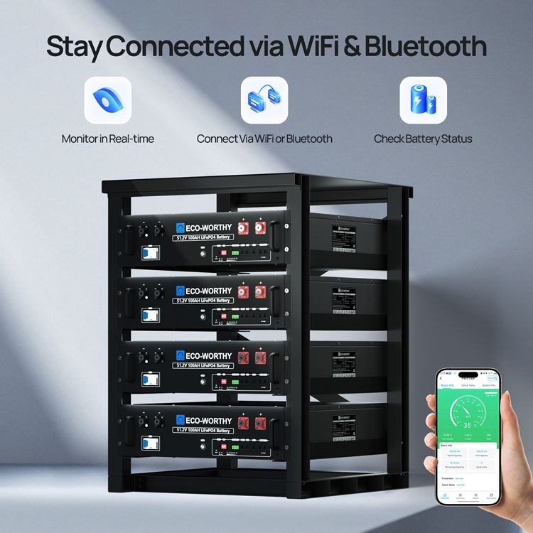 Batterie ECO-WORTHY 48V 100Ah LiFePO4 Avec Bluetooth - Stockage 5,12 KWh, Neuf