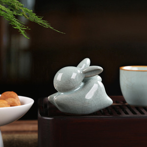 Figurine en céramique de lapin mignon, style Ru Kiln, ornement décoratif pour plateau à thé - pour cadeaux - Product Image 3