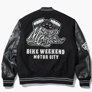 YUJIA Custom Wholesale Men Varsity Letterman Jackets Custom Baseball embroidery Varsity Bomber Jacket with leather sleeve