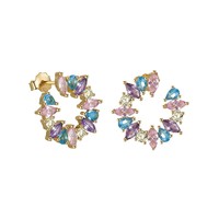 Anting-anting Cuff Telinga Perak Sterling S925 Lapis Emas dengan Kristal Marquise Bulat, Zirkon Warna-warni, Fashion Wanita, Perak 925