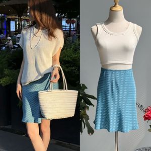 Mini-jupe amincissante taille haute en soie délavée à pois bleus, style vintage français et hongkongais, coupe biaisée, pour femme, été - Product Image 2
