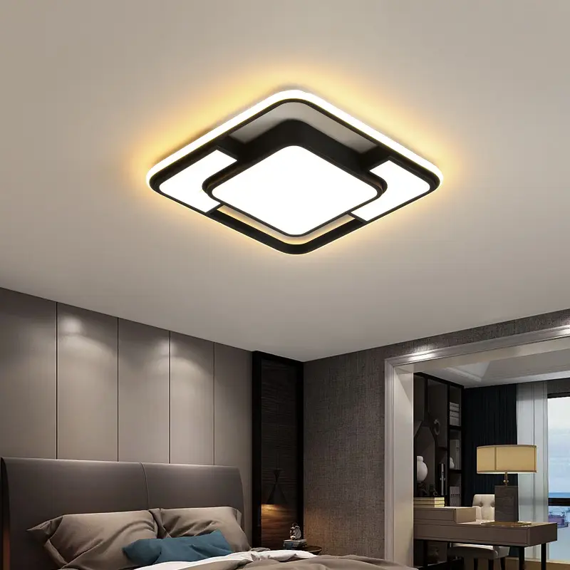 Lámpara LED de techo moderna, luces negras regulables con iluminación cuadrada remota, para sala de estar y dormitorio