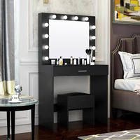 Kit de vanité de chambre à coucher moderne noire Commode à panneaux de bois avec lumières Organisateur de miroir Ensemble de table pour hôtel Caractéristique Design de stockage