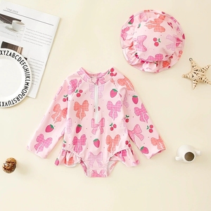 <span class=keywords><strong>Maillot</strong></span> de <span class=keywords><strong>bain</strong></span> une pièce imprimé avec nœud papillon pour bébés filles, avec chapeau, protection solaire, manches longues, en polyester, pour enfants de 0 à 2 ans - Product Image 1