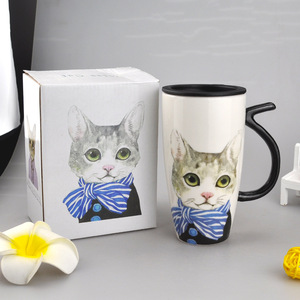 Tasse à café avec couvercle, en céramique, motif chat mignon, de grande capacité 600ml, tasse pour animaux, gobelet créatif, pour le thé, le lait, les cadeaux, nouveauté - Product Image 6
