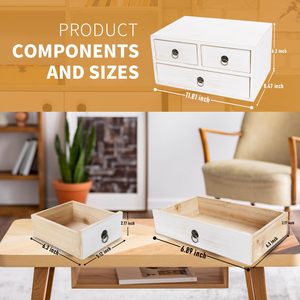 Small White <strong>Wooden</strong> Desk <strong>Storage</strong> <strong>Box</strong> 3 Wire Drawers Single Tier Rectangle Multifunction Lacquered Organization Home Office - Product Image 3