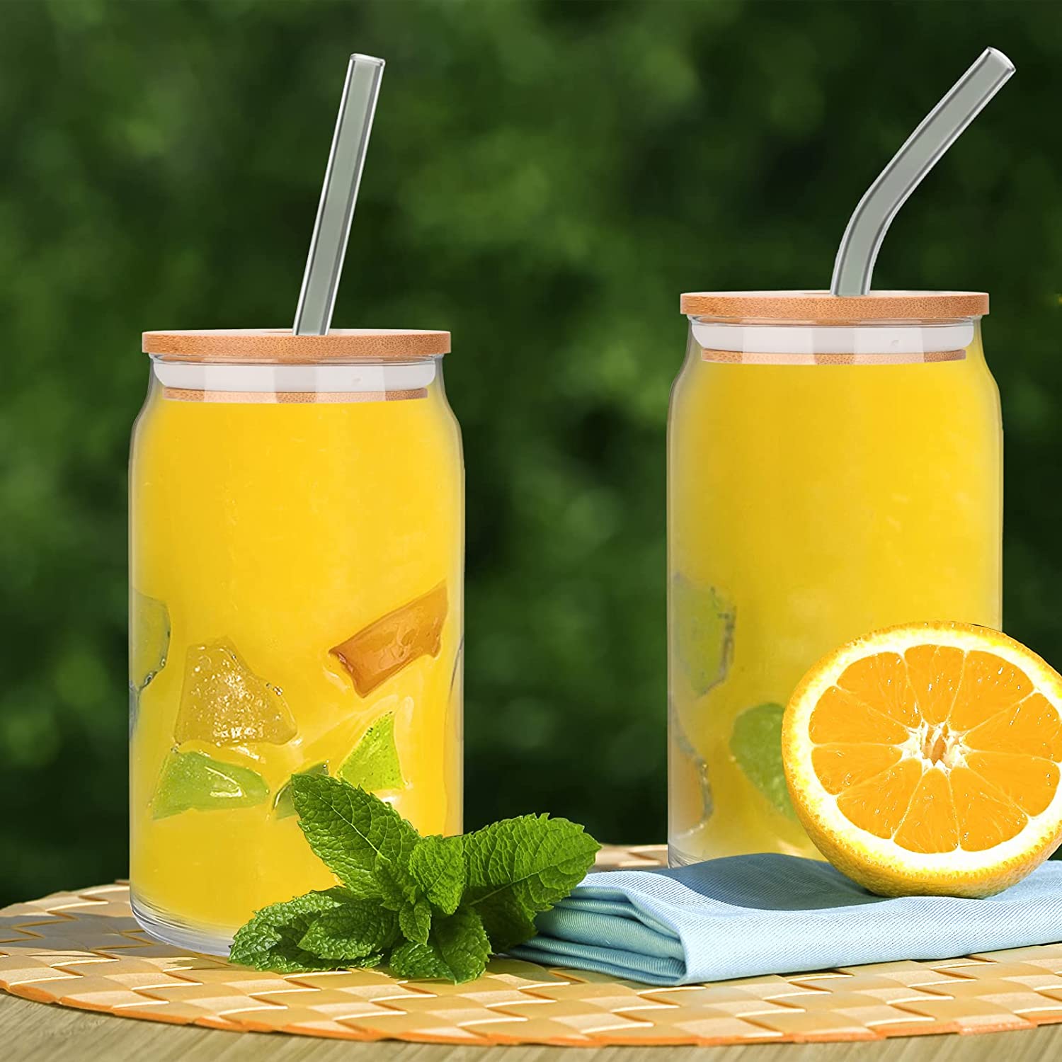 Beer Can Glasses with Bamboo Lid and Glass Straws,Drinking Glasses 6pcs Set,16oz Can Shaped Glasses with Lid and Straw