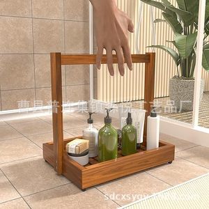 Estante de ducha de madera rectangular de esquina independiente con asas, almacenamiento duradero para artículos esenciales del baño - Product Image 1