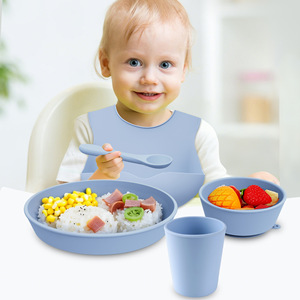 Ensemble de vaisselle en silicone pour enfants, assiette, cuillère, fourchette, pour nourrissons et tout-petits de 1 à 2 ans, bleu Cambridge - Product Image 1