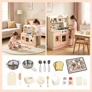 Cucina Giocattolo in Legno Rosa con Angolo Lavanderia, Forno, Set di Pentole Tiny Chef, Gioco Interattivo di Ruolo per Piccoli Chef - Product Image 3