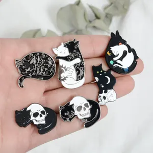 Witch Cat Pins Black and White Yin Yang Moon and Star Hugging Cat Sleeping Kitty Brooch Witchcraft Jewelry Magic Lapel pins