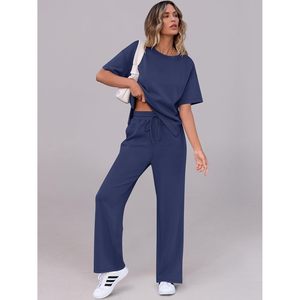 Conjuntos de Salón para Mujer de 2 Piezas, Trajes Deportivos de Manga Corta, Conjuntos a Juego, Pantalones de Pierna Ancha, Transpirables e Informales para Verano - Product Image 3