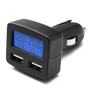 12/24V Dual USB 5 in 1 Multifunctional Car Charger Socket+Voltmeter Temperature LCD Car Charger