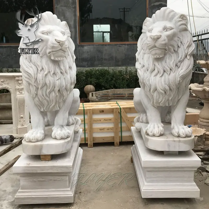 Décoration de jardin Animal grandeur nature Sculpture sur pierre Statue de lion en marbre naturel extérieur Sculpture Statue