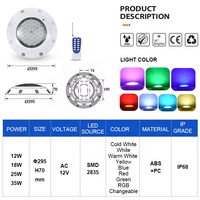 Lampe sous-marine LED RVB 12V 18W, étanche IP68, ABS, télécommande, montage mural, éclairage de piscine LED