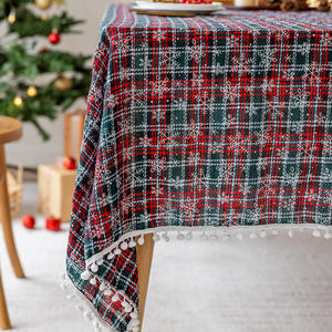 Christmas Plaid <b>Tablecloth</b> Rectangular Embroidered Snowflake Pattern Polyester Home Decor Pom Pom Edges - Product Image 5