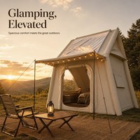 Tente de camping gonflable quatre saisons de 6,3 m² avec porte unique, lanterneau et auvent, en tissu Oxford 300D beige kaki, pour 3 à 6 personnes, idéale pour le glamping