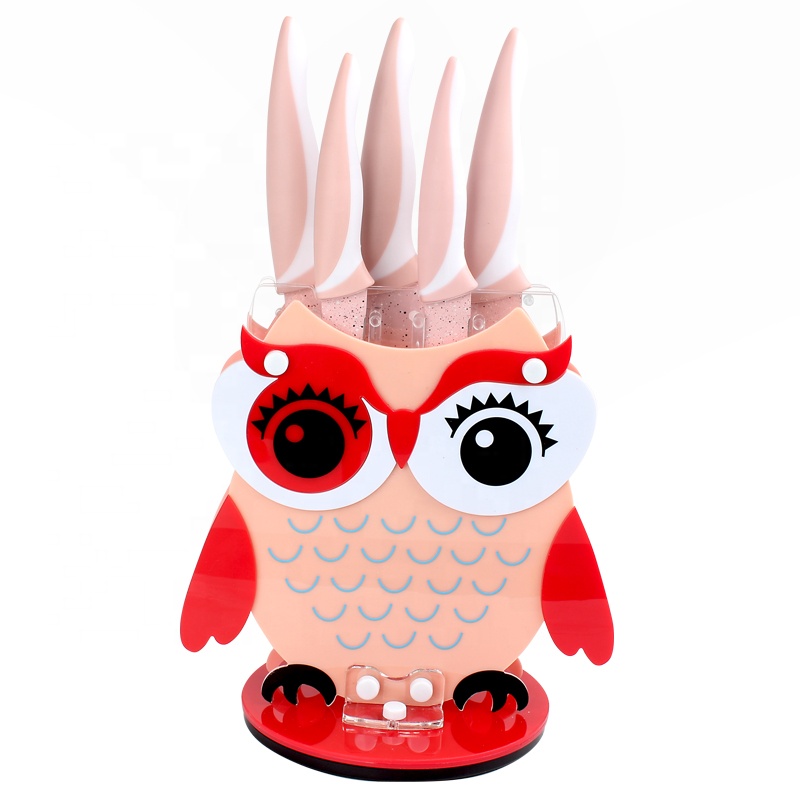 Милый набор ножей с антипригарным покрытием из нержавеющей стали, 6 шт., светло-розовые мраморные кухонные ножи с мультяшной совой, акриловый блок