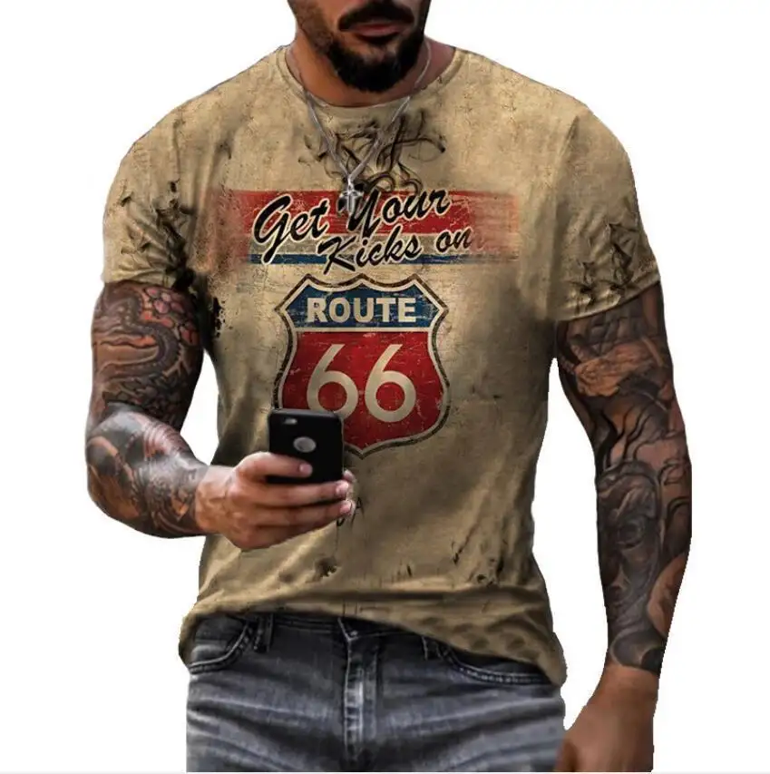 Factory Wholesale Route 66 America Highway T-shirt Short Sleeve Top O-Neck T Shirts Men Vintage Clothing Boys New Design t Shirt