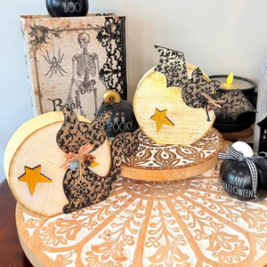 Décoration d'Halloween : Lune avec chat noir ou chauve-souris, décoration de tablette en bois, pour un style étrange, amusant, fantaisiste et rustique, idéale pour présentoir à étages. Jouets d'Halloween - Product Image 1
