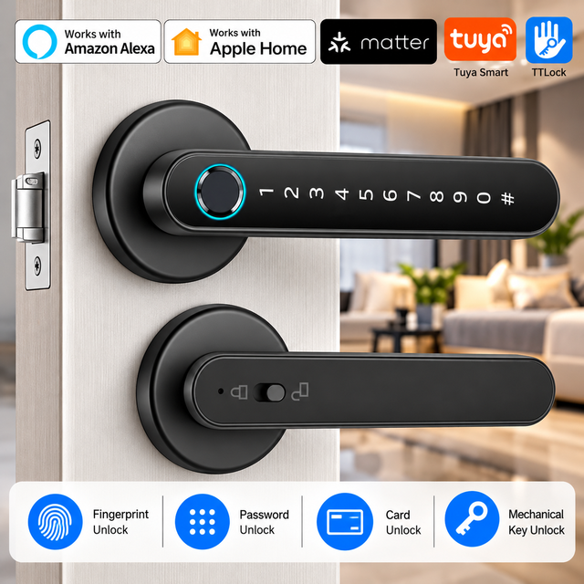 Top Sales NEW TUYA APP Wifi Matter Apple Homekit Alexa Wood Door Digital Electronic Fingerprint Handle Smart Door Lock