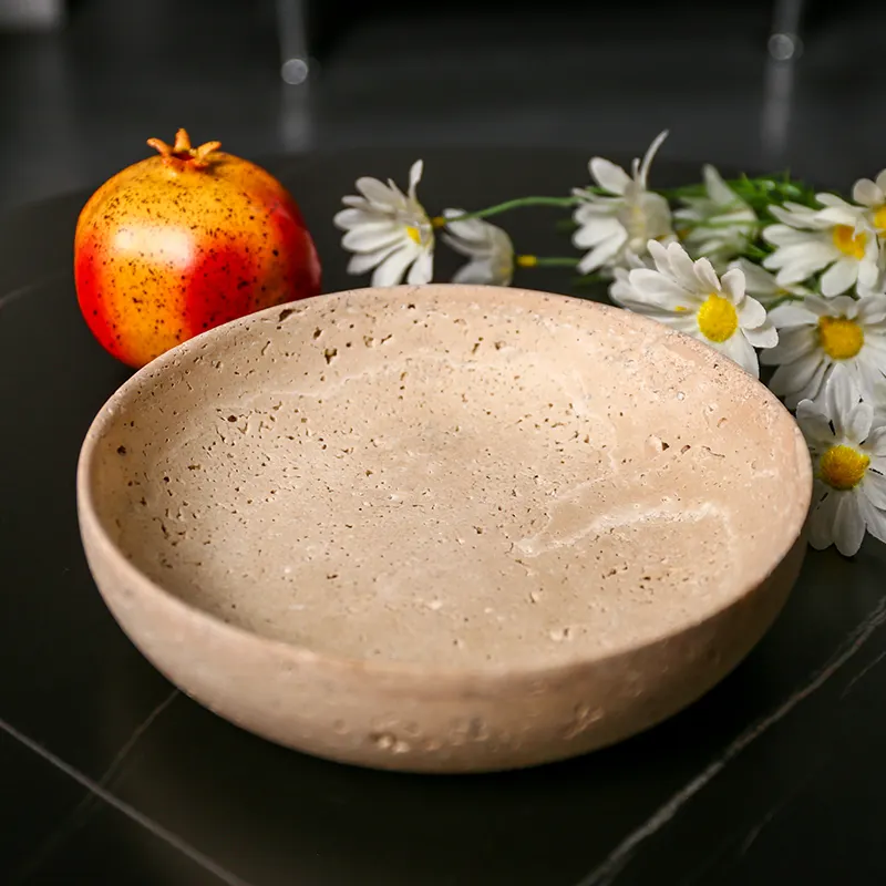 Vintage Beige Travertine Marble Home Hotel Decoration Religious Round Ornament Bowl Travertine Stone Fruit Plate