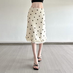 Elegante Falda larga de longitud media con estampado de puntos de estilo inglés para mujer, alta moda informal con hongos simples comestibles para otoño - Product Image 2