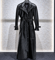 Manteau trench en cuir noir gaufré crocodile sur mesure OEM pour femme, longueur maxi, avec ceinture à boucle, veste d'hiver