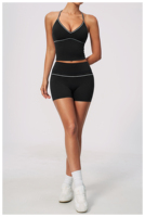 Set Olahraga Warna-Warni Bahan Beludru Halus Model V-Neck Halter Kontrol Perut Pinggang Tinggi Penyerap Keringat 2 Potong Celana Pendek Yoga
