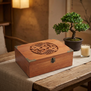 Urne funéraire en bois faite à la main, sculpture de poisson Koi, coins en laiton, urne commémorative pour adulte, capacité de 220 pouces cubes, design personnalisable - Product Image 4
