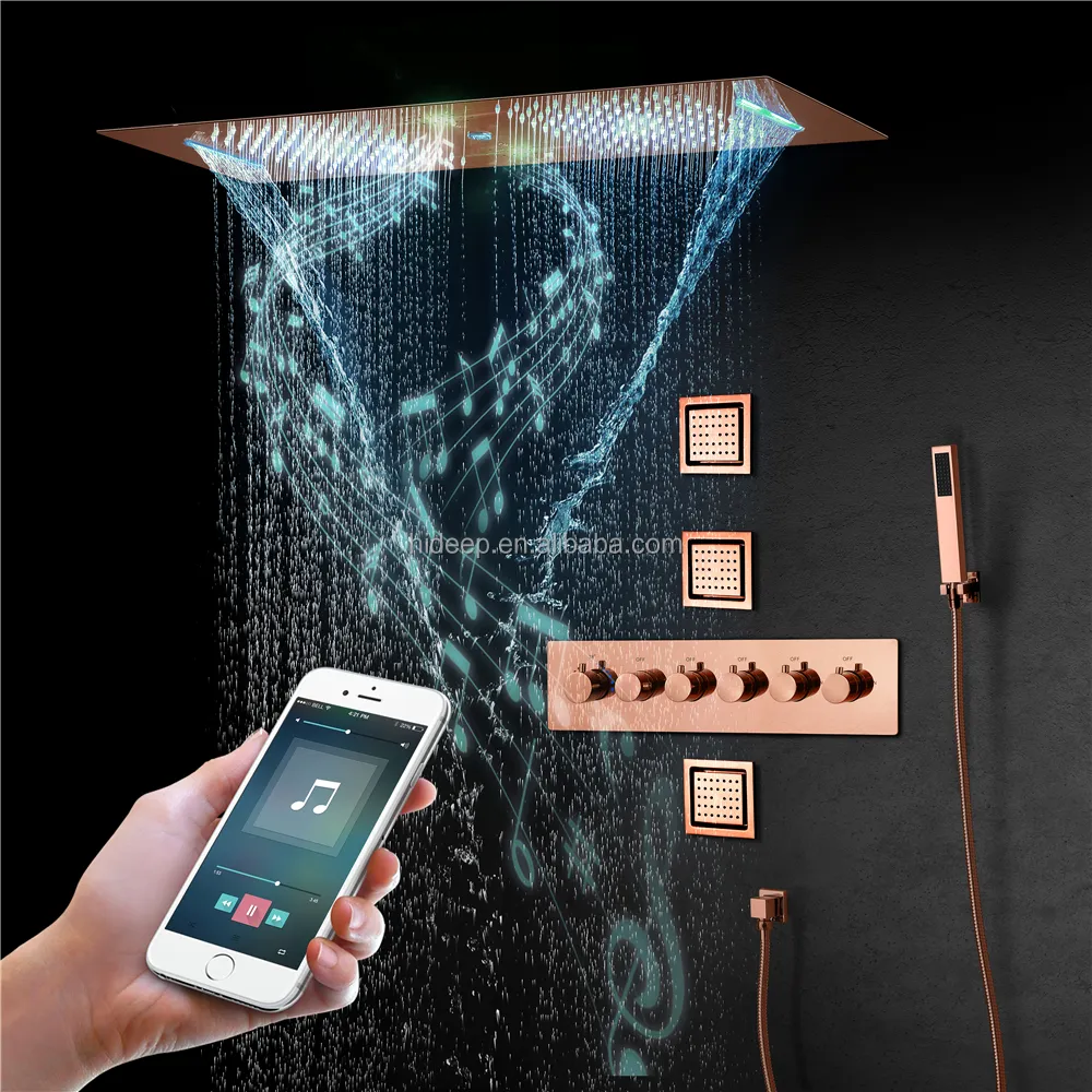 Ensemble de douche en or rose, plafond intégré 36x12 pouces brume pluie et cascade robinet de douche LED avec système de musique