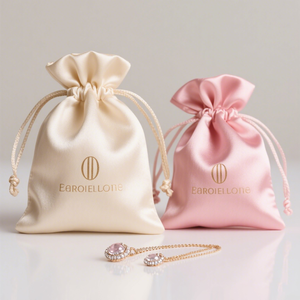 Saten Mücevher Kesesi ve İpek Çanta Özel Logo Baskılı Lüks Hediye Paketleme İçin İpli Kapatmalı Bej ve Gül Pembesi Renklerde - Product Image 1