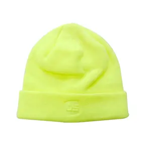 Оптовая продажа, пользовательский тисненый логотип, шапка унисекс, акриловая вязаная флуоресцентная желтая зимняя шапка