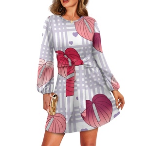 Custom-printed Hawaiian Taro Leaf Chiffon Waist-tie Long-sleeved Maxi <strong>Dress</strong> Women's A-line Casual Loose <strong>Ruffle</strong> Suitable <strong>All</strong> - Product Image 4