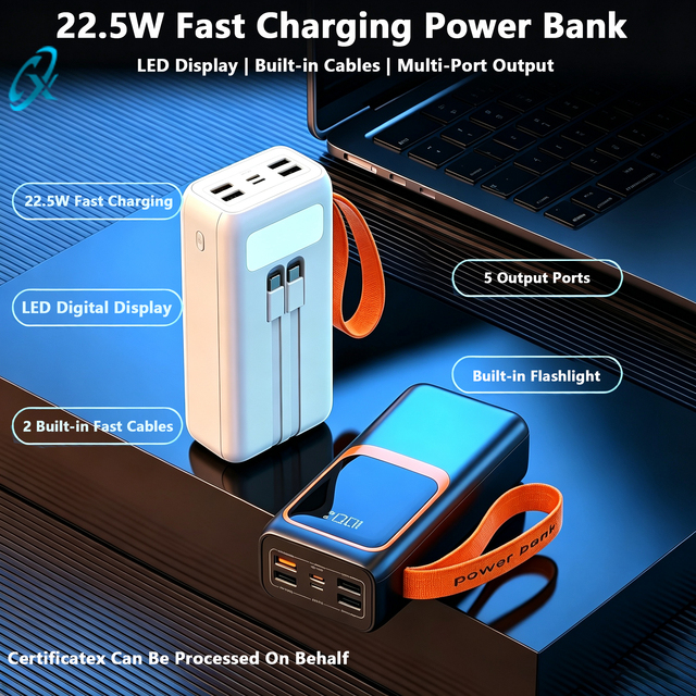 RTS Latest Trend 50000mAh LED Screen Large Power Bank 2-in-1 Data Cable PD22.5W Fast Charging Dual USB USB PVC Emergency Mobile